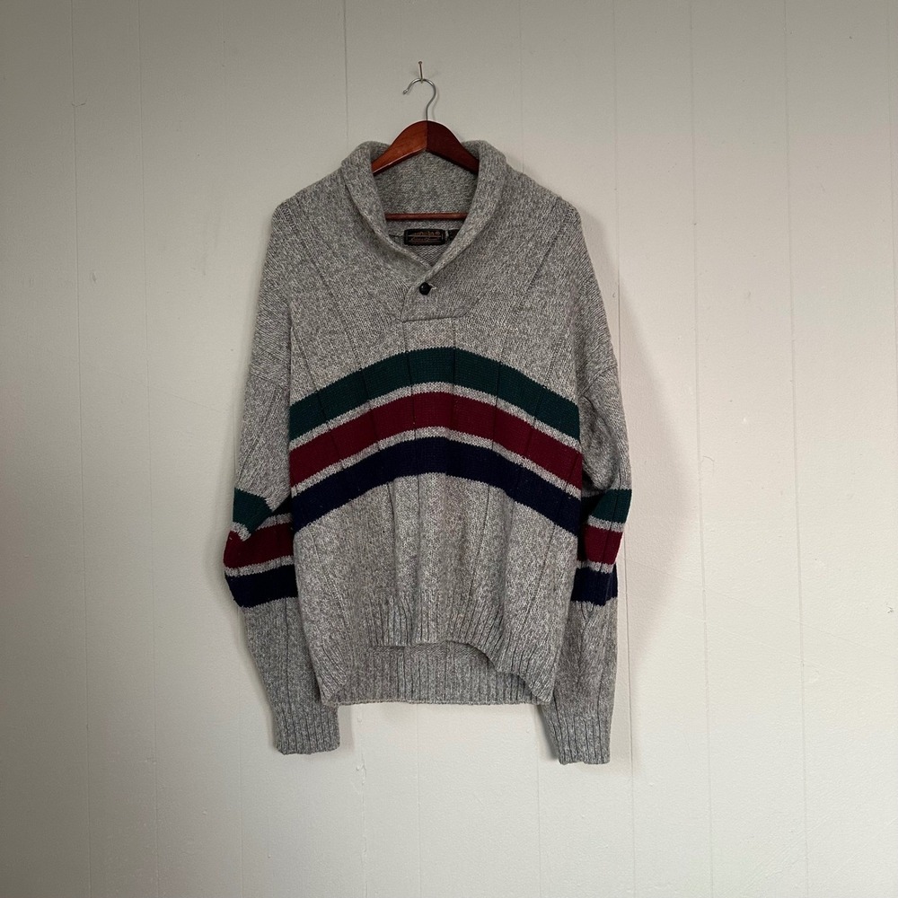 Vintage 90s Eddie Bauer Shawl Neck Sweater Size LT Grey Striped Wool Blend